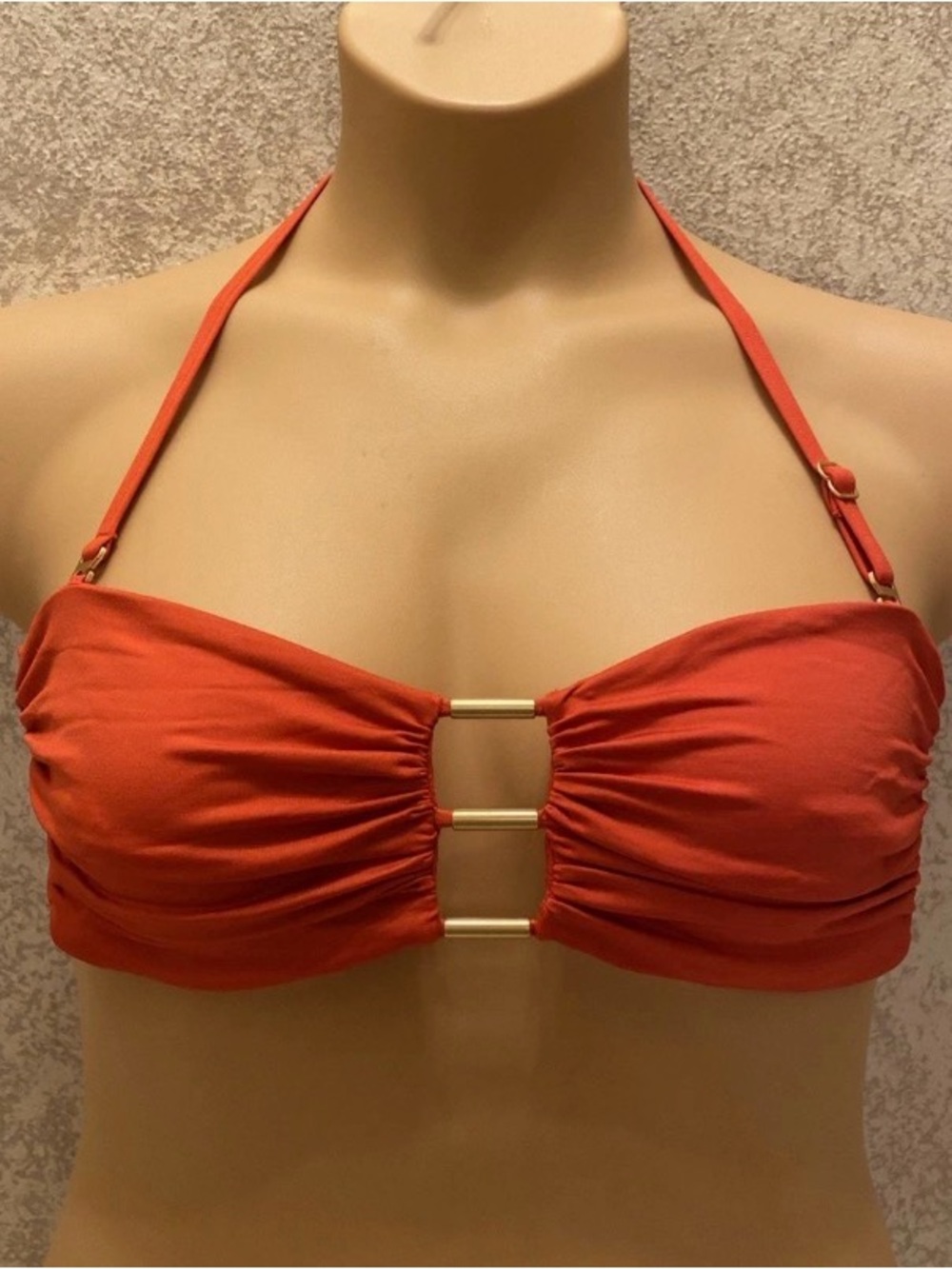 Carmen Marc Valvo Rust Orange Halter Bandeau Bikini Top with Gold Bars